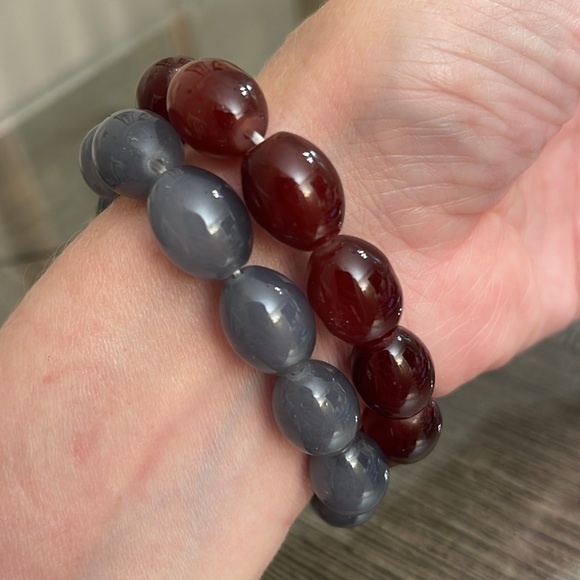 Two Stretch Oval Glass Bead Bracelets Grey & Brown - Picture 5 of 12